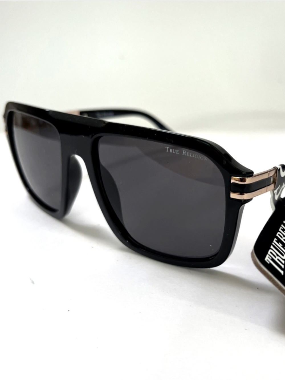 New TRUE RELIGION Aviator Sunglasses Acetate Black Classic Logo Gold Stripes